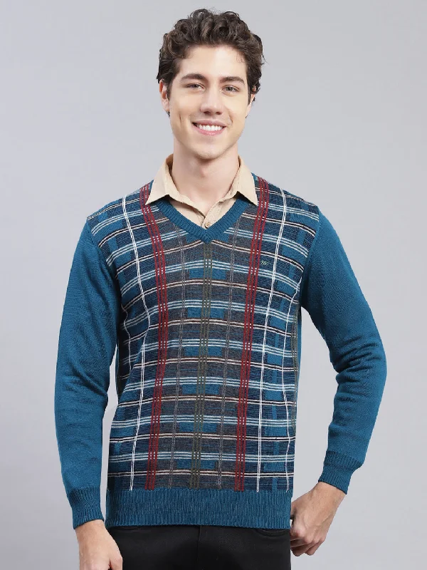 Men Teal Blue Printed Wool blend Pullover