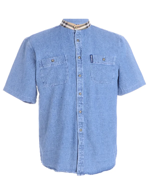 Label Grandad Collar Check Trim Denim Shirt