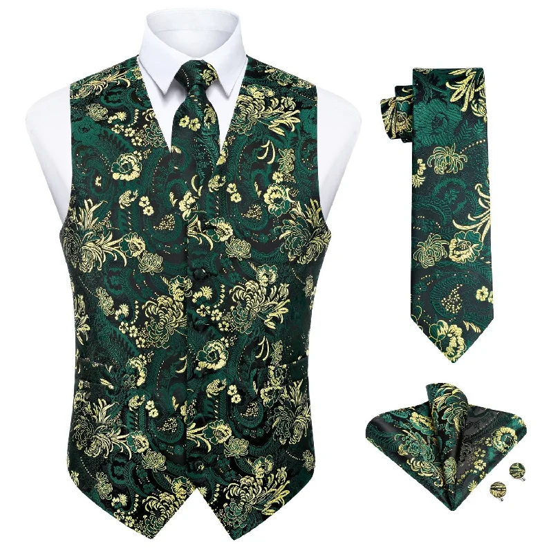 Paisley Floral 4pc Suit Vest Set - H-GREEN/GOLD/BLACK