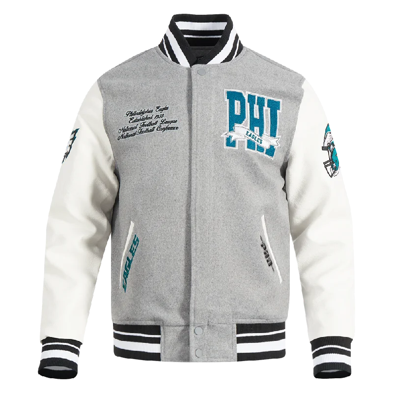 NFL PHILADELPHIA EAGLES TEAM PENNANTS MEN'S RIB WOOL VARSITY JACKET (HEATHER GREY/WHITE/BLACK)