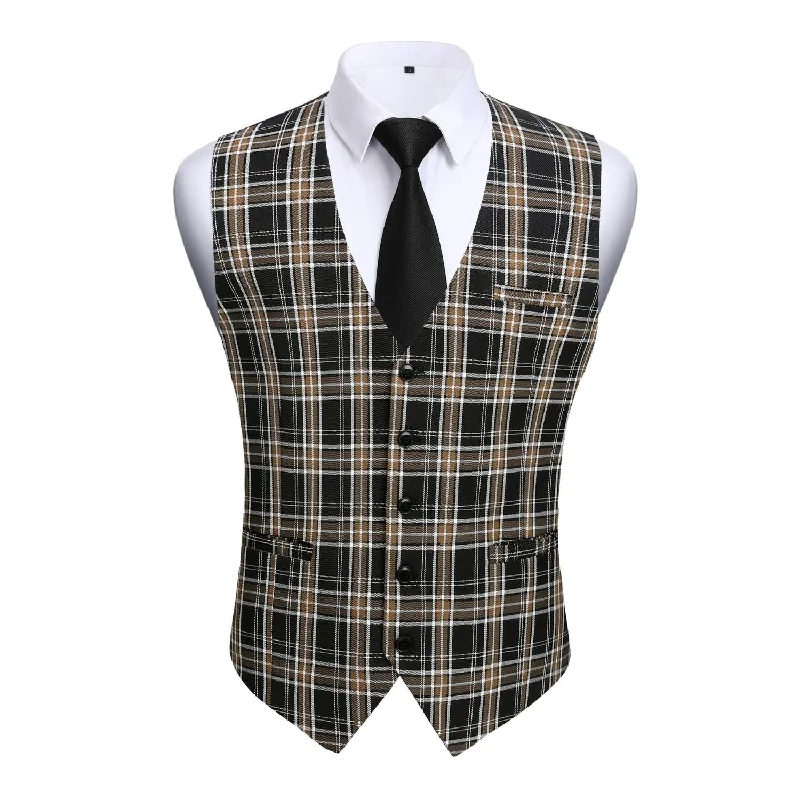 Plaid Slim Suit Vest - B3-BROWN/BLACK