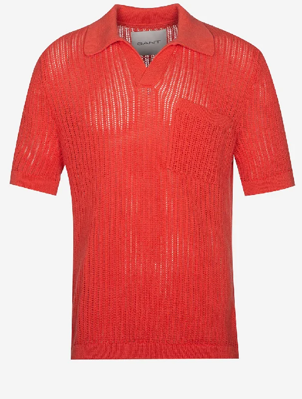 Kurzärmliges Poloshirt aus strukturiertem Leinen in Burnt Orange