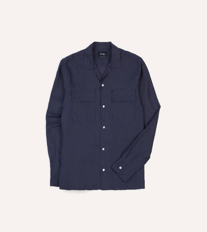 Navy Linen Camp Collar Long Sleeve Shirt