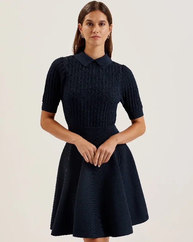 Miiaaa Knitted Skater Dress With Collar Navy