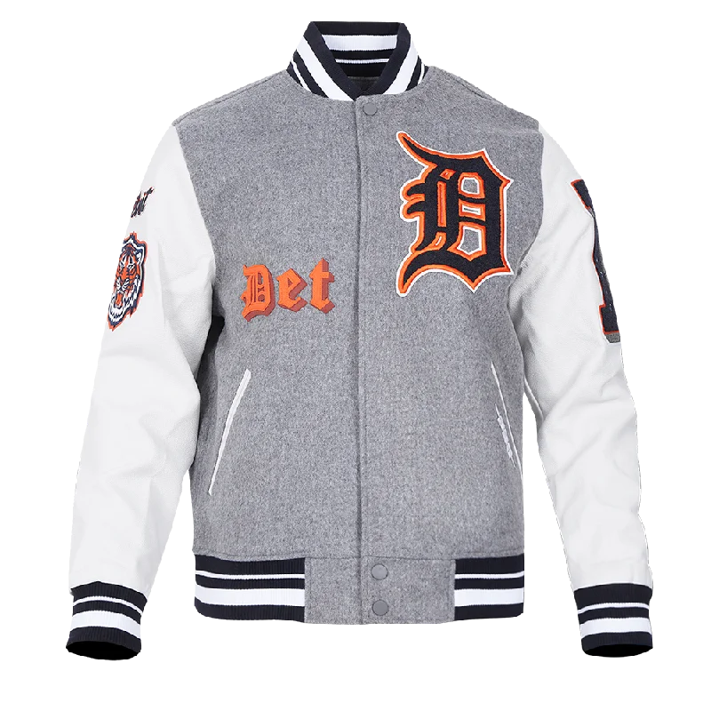 MLB DETROIT TIGERS OLD ENGLISH MEN'S RIB WOOL VARSITY JACKET (HEATHER GREY/WHITE/MIDNIGHT NAVY)