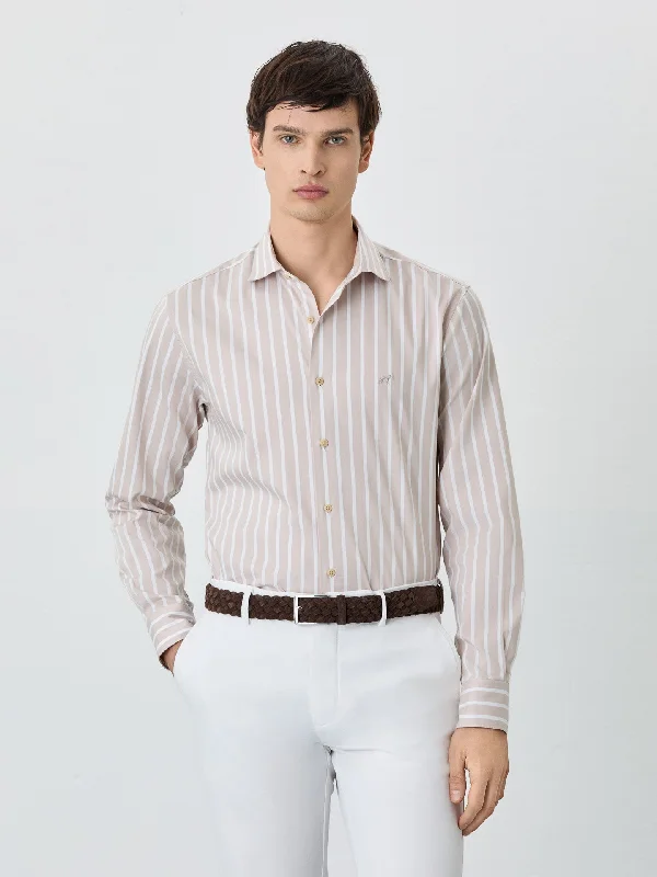 Slim Fit Shirt With Open Collar In BCI Cotton With Stripes