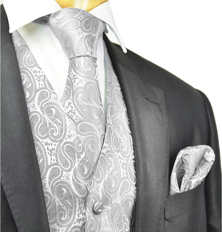 Silver-Grey Paisley Tuxedo Vest Set