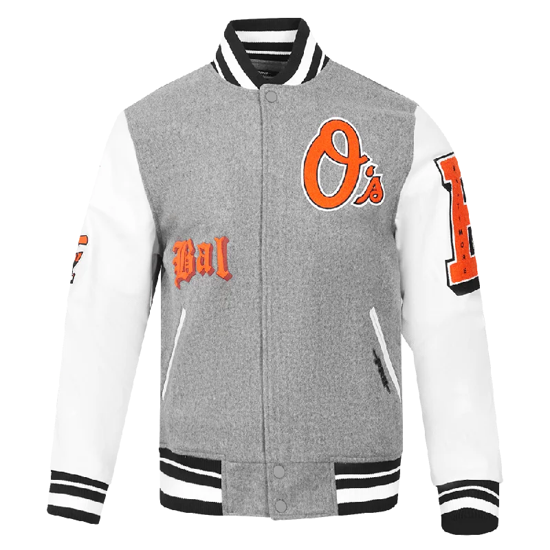 MLB BALTIMORE ORIOLES CLASSIC OLD ENGLISH MEN'S RIB WOOL VARSITY JACKE (HEATHER GREY/WHITE/BLACK)