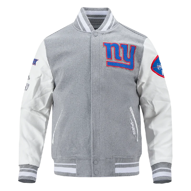 NFL NEW YORK GIANTS OLD ENGLISH MEN'S RIB WOOL VARSITY JACKET (HEATHER GREY/WHITE)