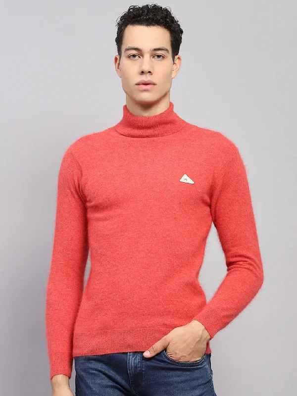 Men Orange Solid High Neck Full Sleeve Pullover