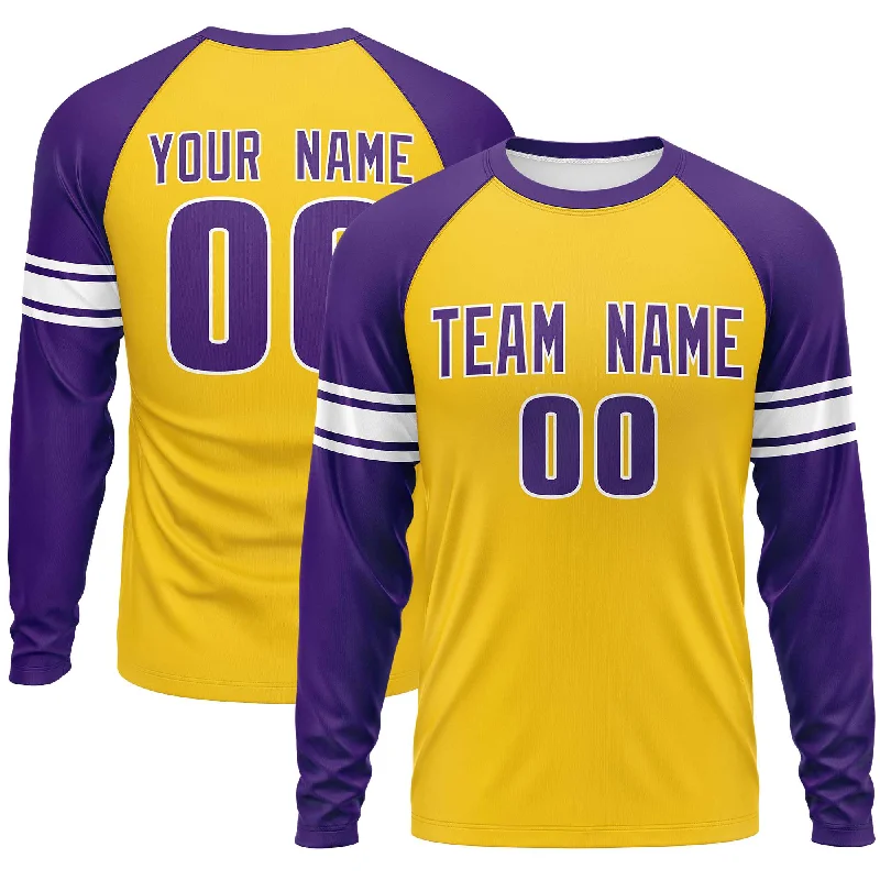 Custom Gold Purple White Crew Neck Personalized Raglan Long Sleeve Performance T-shirt