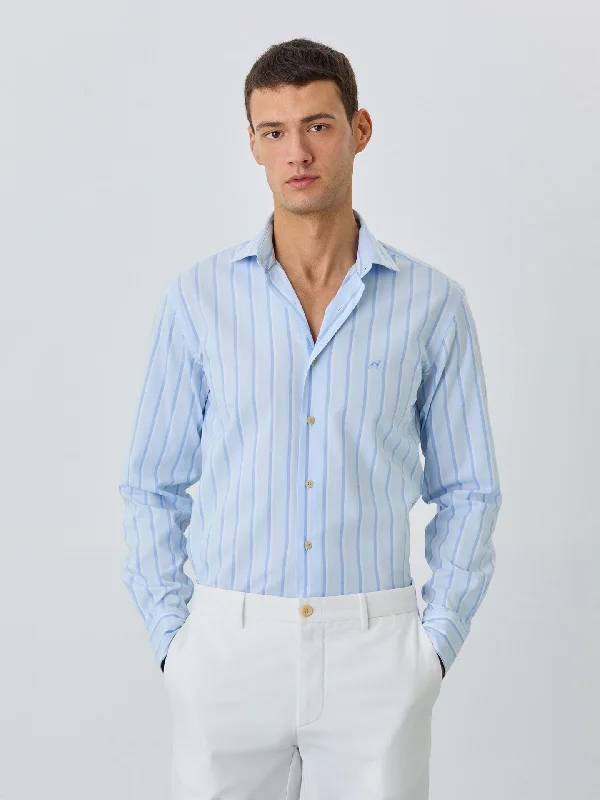 Slim Fit Shirt With Open Collar In BCI Cotton With Stripes