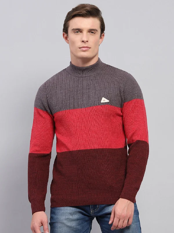 Men Grey & Red Stripe High Neck Full Sleeve Pullover