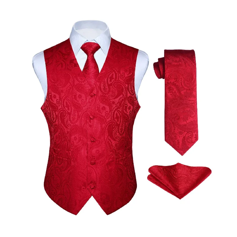 Paisley Suit Vest Tie Handkerchief Set - RED