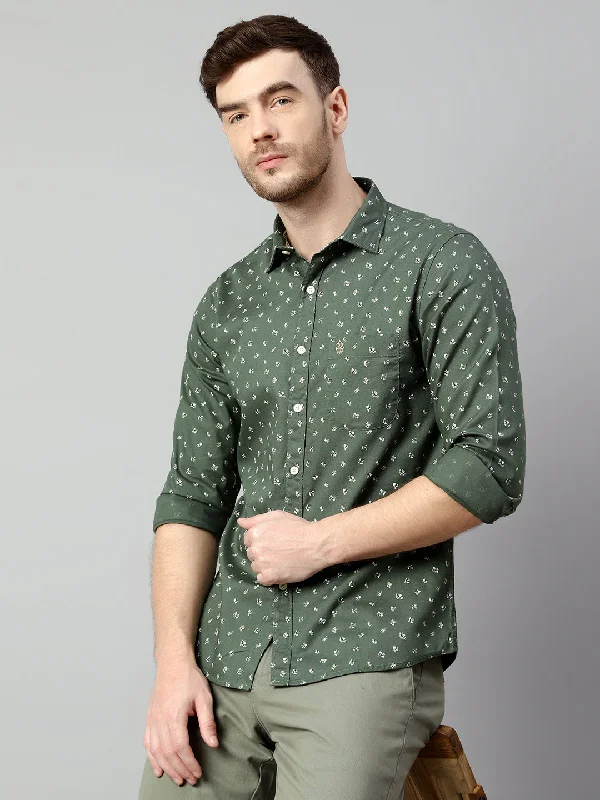 Men's Olive Green Casual Floral Print Full Sleeve Shirt