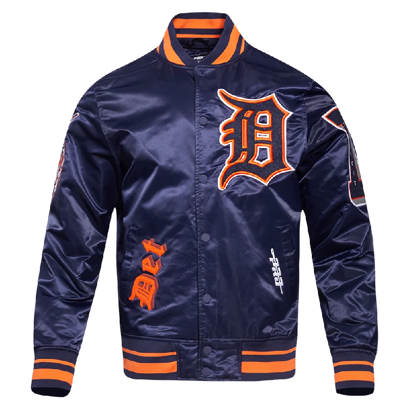 MLB DETROIT TIGERS OLD ENGLISH MEN'S RIB SATIN JACKET (MIDNIGHT NAVY/ORANGE/MIDNIGHT NAVY)