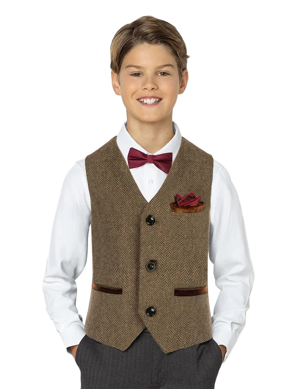 Boys Herringbone Tweed Suit Vest British Dress Waistcoat Wool Blend