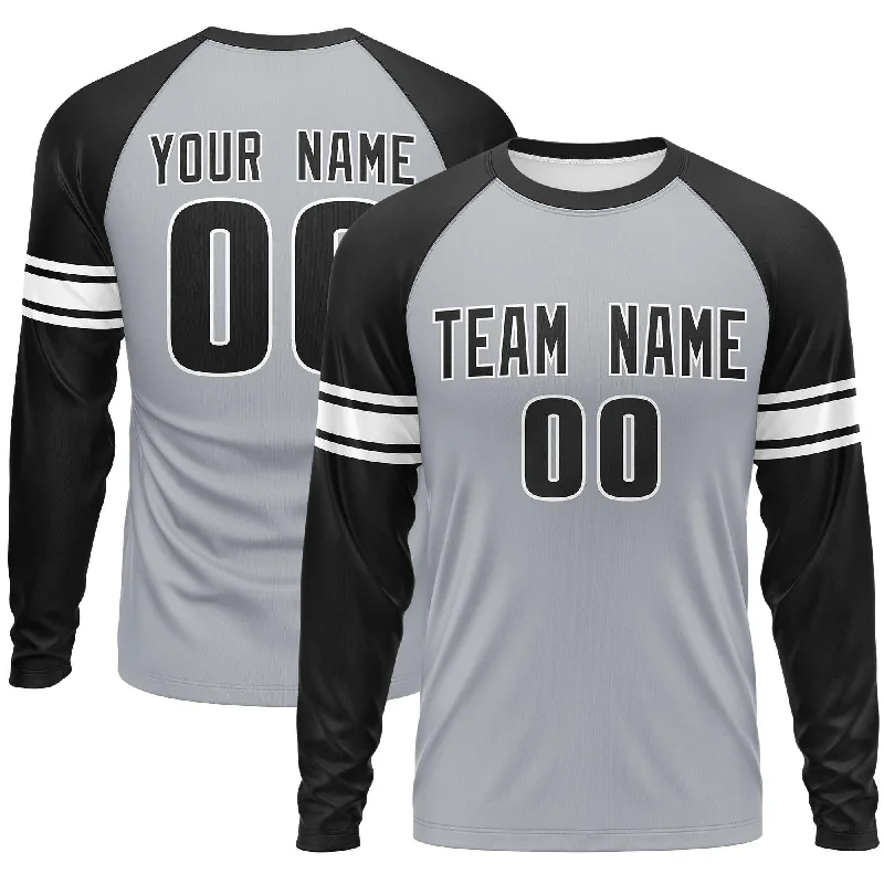 Custom Gray Black White Crew Neck Personalized Raglan Long Sleeve Performance T-shirt