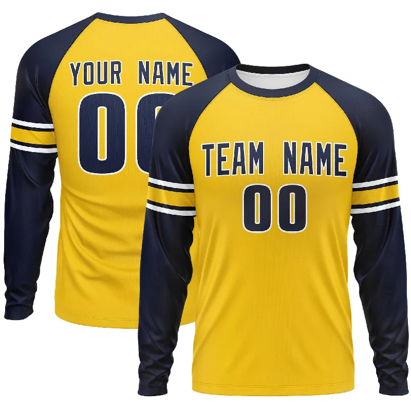 Custom Gold Navy Gold Crew Neck Personalized Raglan Long Sleeve Performance T-shirt