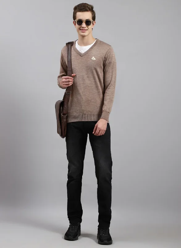 Men Beige Solid Pure wool Pullover