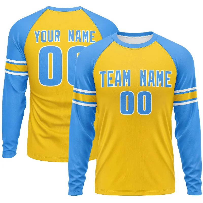 Custom Gold Powder Blue White Crew Neck Personalized Raglan Long Sleeve Performance T-shirt