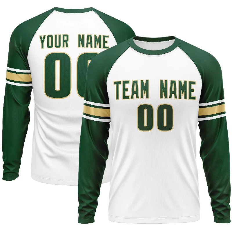 Custom White Green Khaki Crew Neck Personalized Raglan Long Sleeve Performance T-shirt