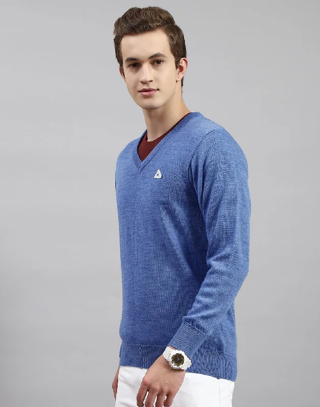 Men Blue Solid V Neck Full Sleeve Pullover