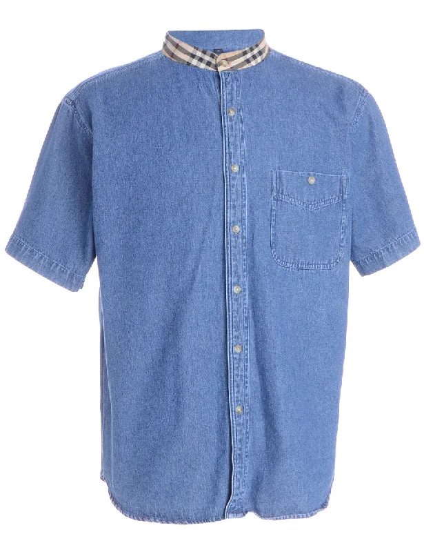 Label Grandad Collar Check Trim Denim Shirt