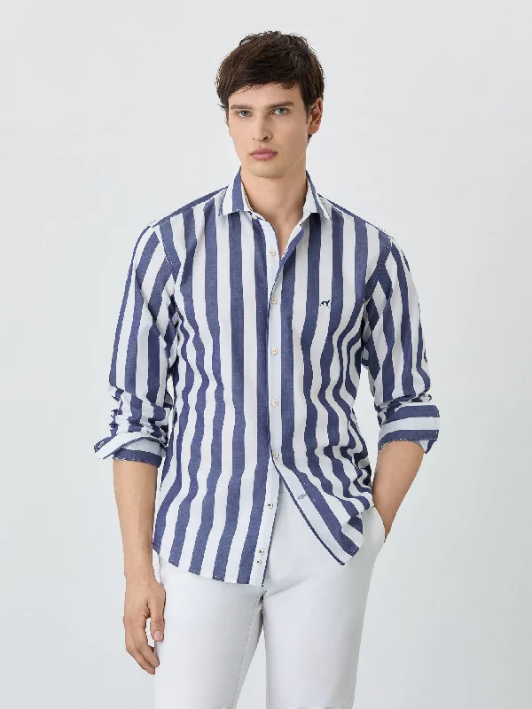 Slim Fit Shirt With Open Collar In BCI Cotton With Stripes