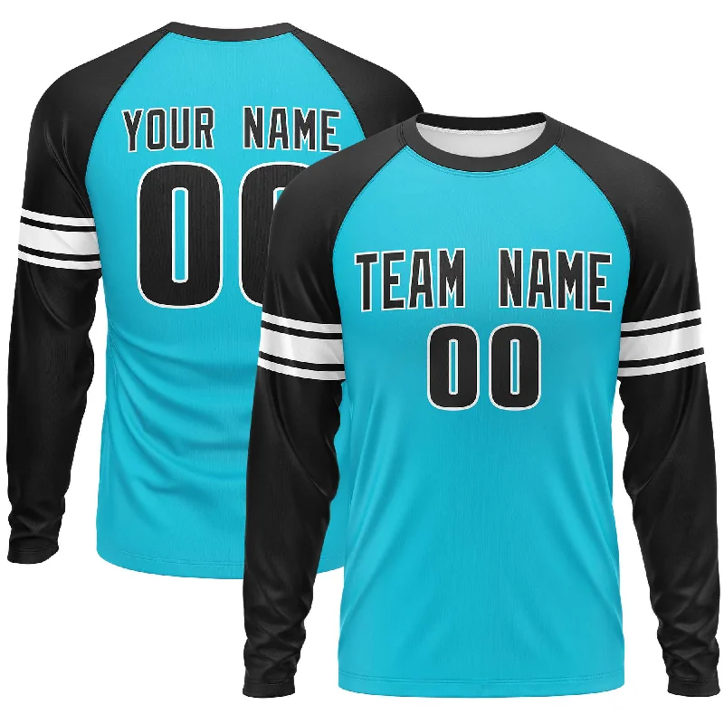 Custom Sky Blue Black White Crew Neck Personalized Raglan Long Sleeve Performance T-shirt