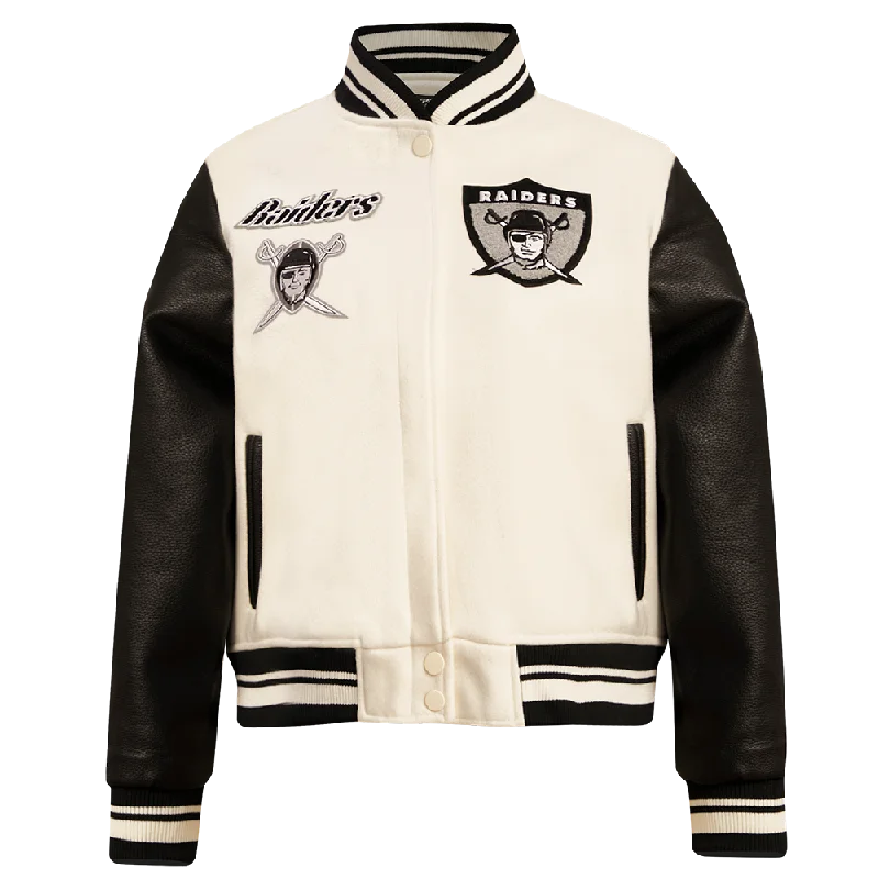 NFL OAKLAND RAIDERS RETRO CLASSIC WOMEN'S RIB WOOL VARSITY JACKET (EGGSHELL/ BLACK)