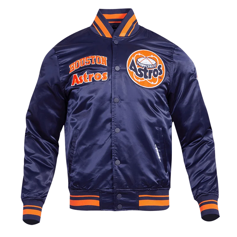 MLB HOUSTON ASTROS RETRO CLASSIC MEN'S RIB SATIN JACKET (MIDNIGHT NAVY/ORANGE/ MIDNIGHT)