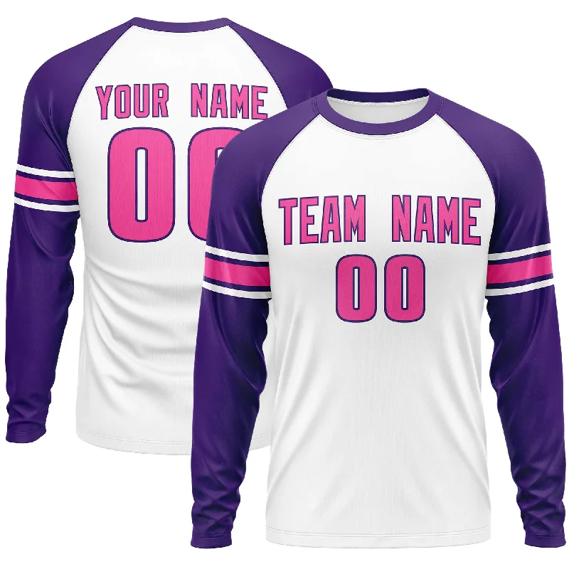 Custom White Purple Pink Crew Neck Personalized Raglan Long Sleeve Performance T-shirt