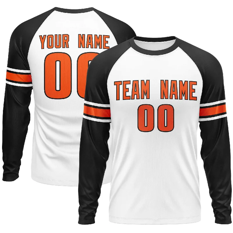 Custom White Black Orange Crew Neck Personalized Raglan Long Sleeve Performance T-shirt