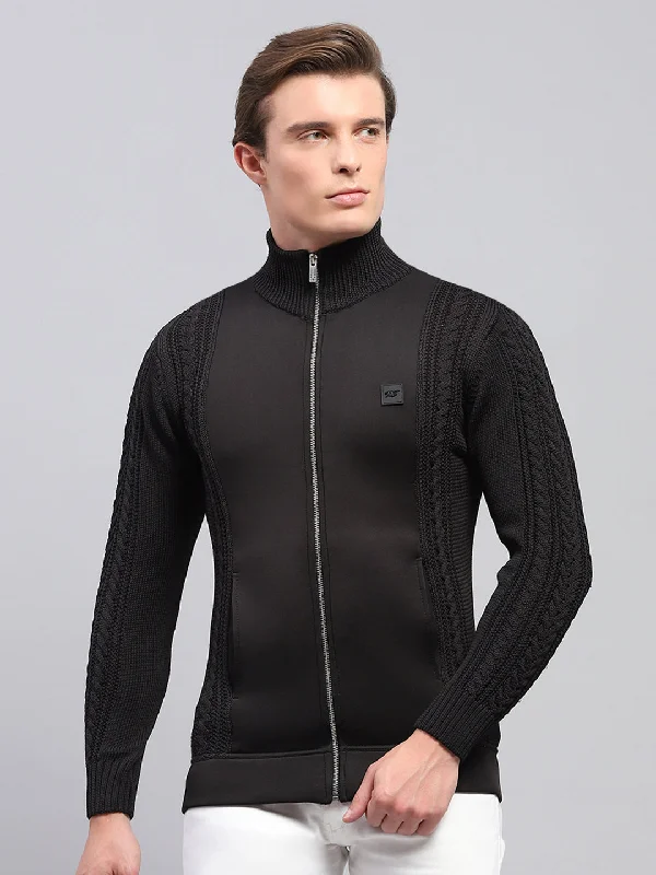 Men Black Self Design Mock Neck Full Sleeve Pullover