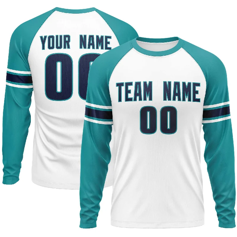 Custom White Aqua Navy Crew Neck Personalized Raglan Long Sleeve Performance T-shirt