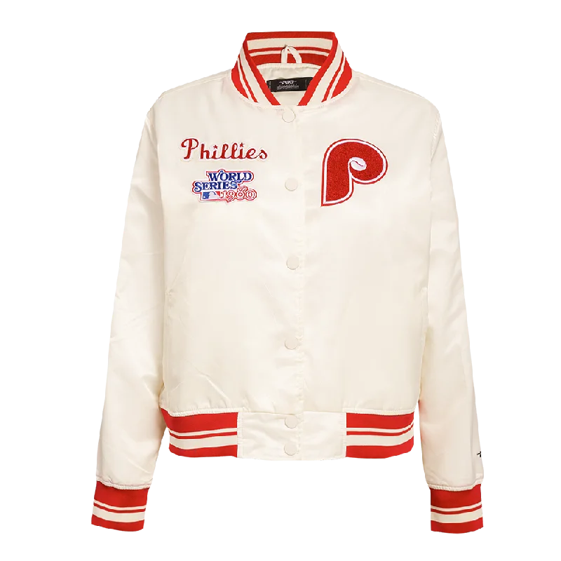 MLB PHILADELPHIA PHILLIES RETRO CLASSIC WOMEN'S RIB SATIN JACKET (EGGSHELL/RED)