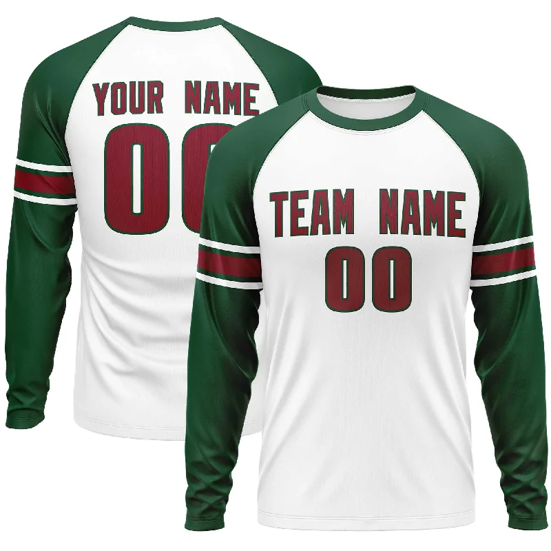 Custom White Green Crimson Crew Neck Personalized Raglan Long Sleeve Performance T-shirt