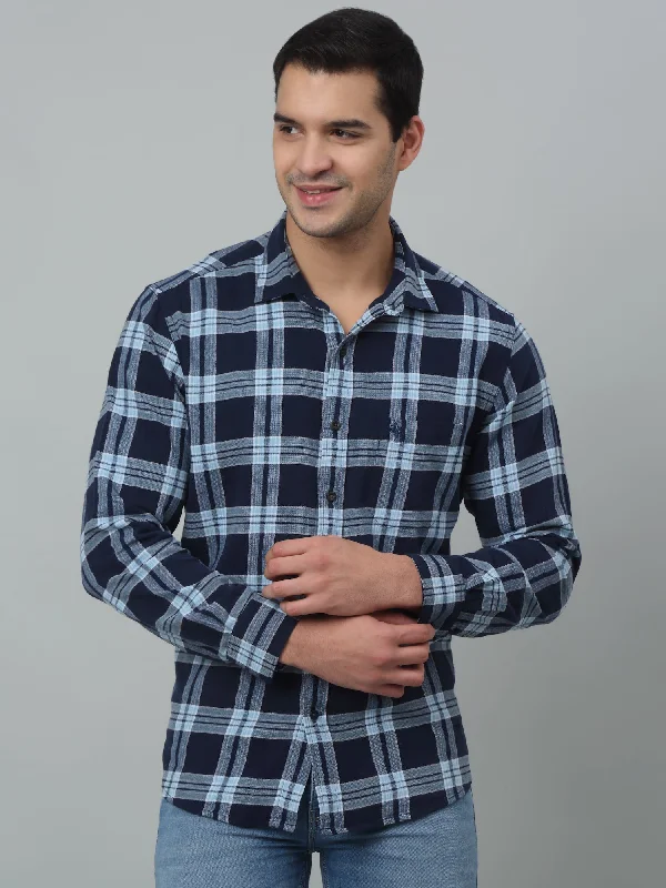 Men's Navy Blue Casual Brushed Big Checks Full Sleeve Shirt