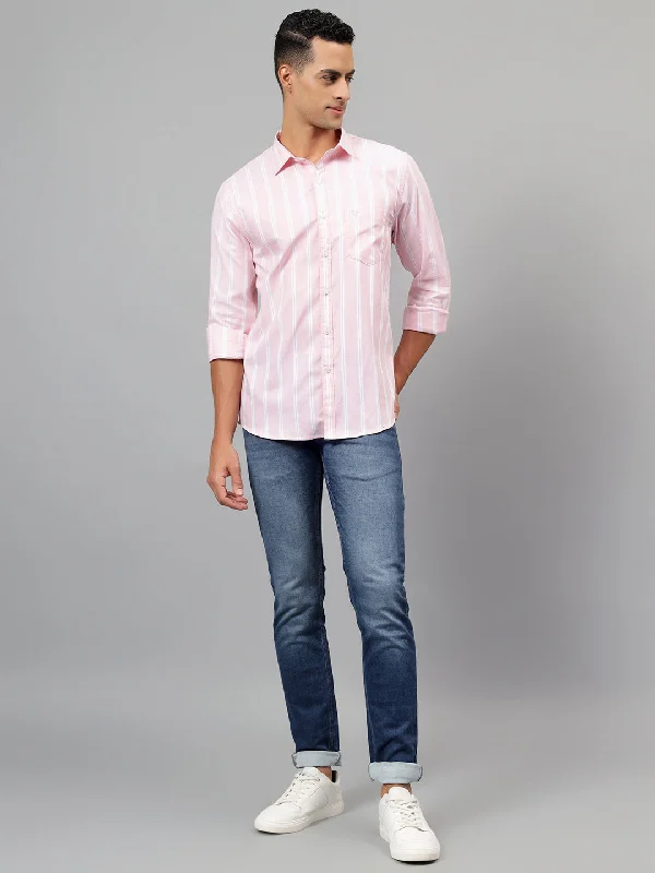 Men's Pink Striped Casual Full Sleeves Shirt