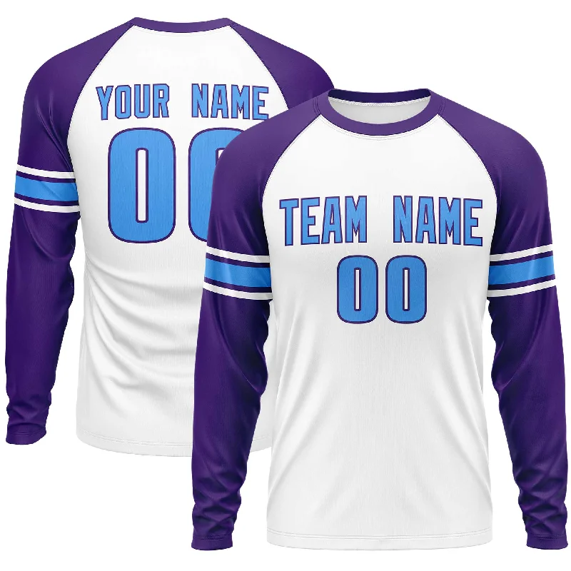 Custom White Purple Powder Blue Crew Neck Personalized Raglan Long Sleeve Performance T-shirt