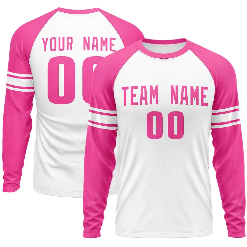 Custom White Pink Crew Neck Personalized Raglan Long Sleeve Performance T-shirt