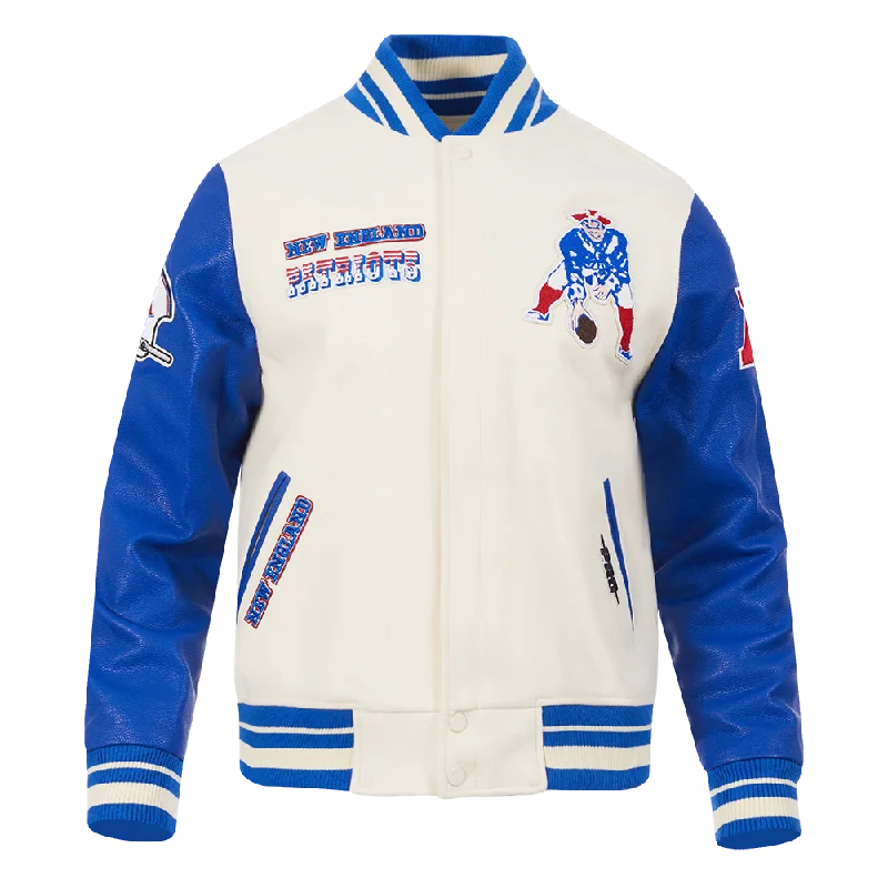 NFL NEW ENGLAND PATRIOTS RETRO CLASSIC MEN'S RIB WOOL VARSITY JACKET (EGGSHELL/ ROYAL BLUE)