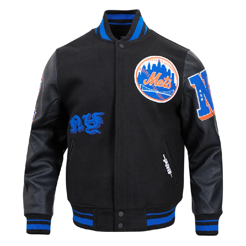 MLB NEW YORK METS OLD ENGLISH MEN'S RIB WOOL VARSITY JACKET (BLACK/ROYAL BLUE/BLACK)