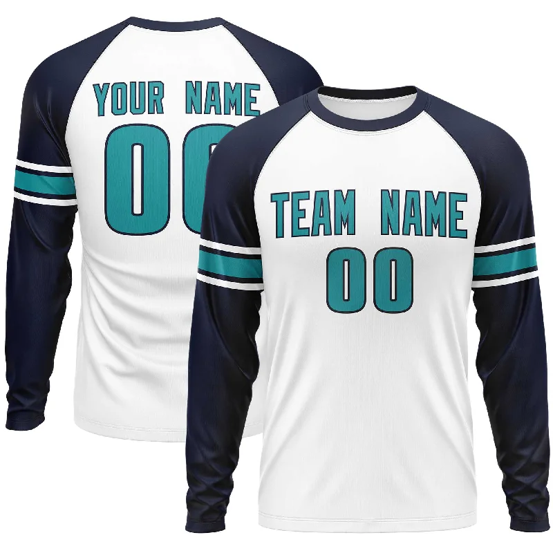 Custom White Navy Aqua Crew Neck Personalized Raglan Long Sleeve Performance T-shirt