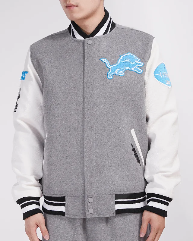 NFL DETROIT LIONS OLD ENGLISH MEN'S RIB WOOL VARSITY JACKET (HEATHER GREY/WHITE/BLACK)