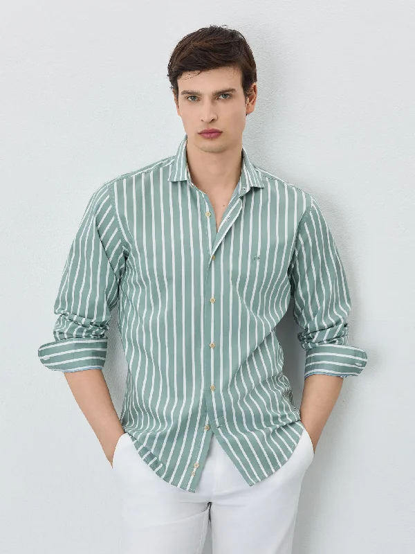 Slim Fit Shirt With Open Collar In BCI Cotton With Stripes