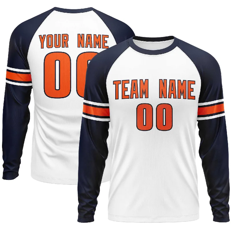 Custom White Navy Orange Crew Neck Personalized Raglan Long Sleeve Performance T-shirt