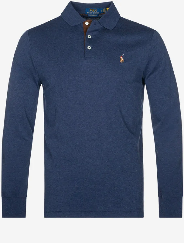 Slim Fit Pima-Poloshirt mit langen Ärmeln, Marineblau