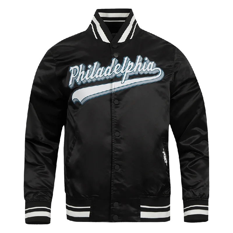 NFL PHILADELPHIA EAGLES SCRIPT TAIL MEN'S SATIN JACKET (BLACK)